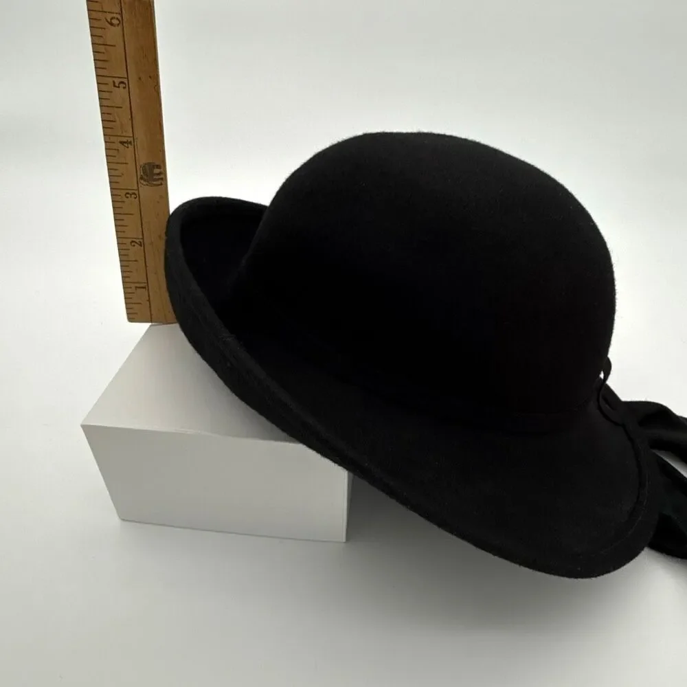 Vintage Black Wool Cloche Hat w/ Back Ribbon Ties | 1990s Y2K Women’s Felt Hat - Picture 10 of 11